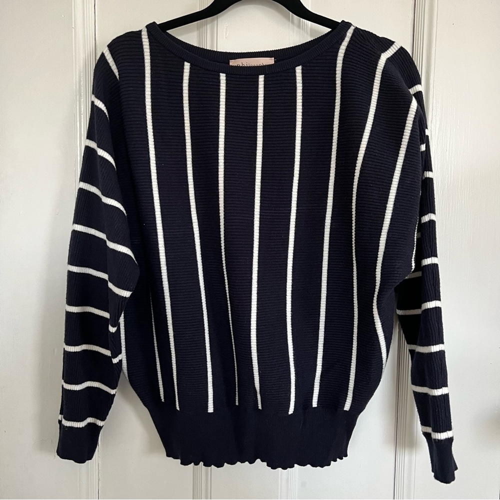 Philosophy Blue and White Crew Neck Sweater with Vertical Stripes